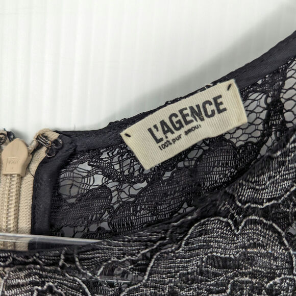 L’Agence Sheer Black Silver Lace Sheath Dress w/ Tan Silk Slip Short Sleeve 10 - Picture 3 of 11